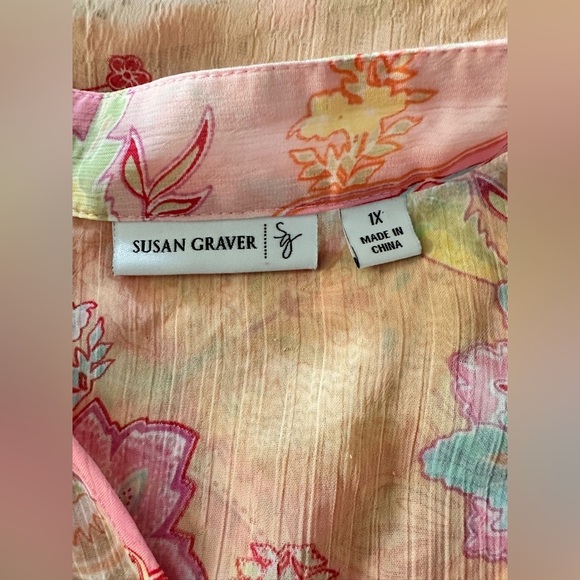 Susan Graver Tunic Blouse Women Pink Sheer Paisley Chiffon Peasant 1X #1688 - Picture 5 of 9